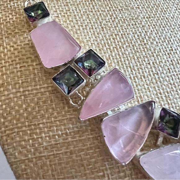 New Rose Quartz Stone w Mystic Topaz Cluster Statement Silver Overlay Necklace - Picture 9 of 13
